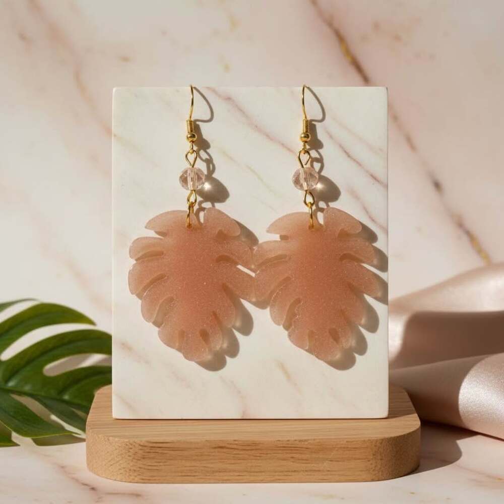Handmade Pink Monstera Leaf Resin EarringsLightweight Tropical Botanical Jewelry
